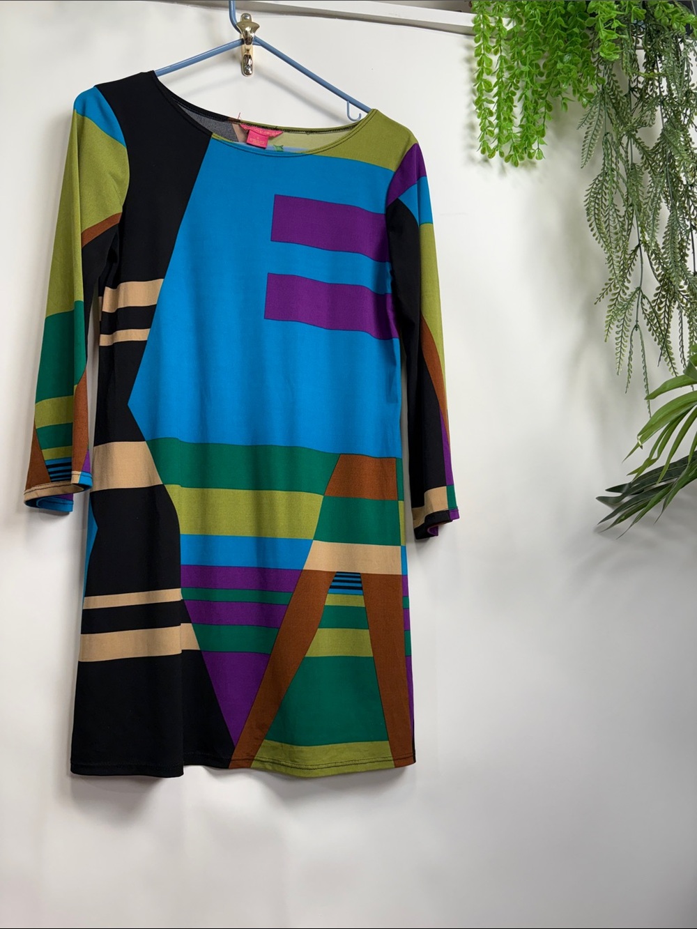 Sunny Leigh Geometric Multicolor Long Sleeve Dress - Teal, Purple, Olive, Black